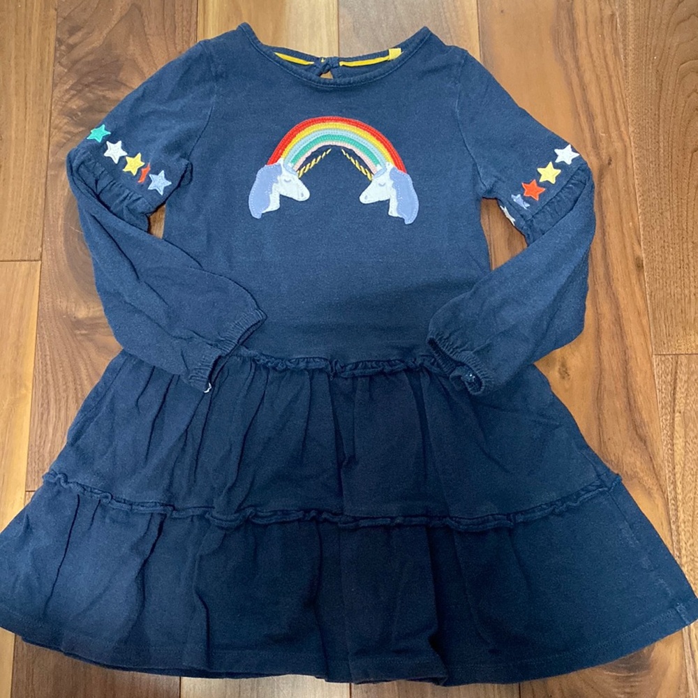 Boden cotton dress with ruffles and unicorn/rainbow design- size 4-5 years